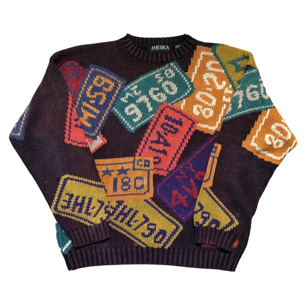 Vintage Perry Ellis America License Plate Knitted Sweater Multi L - Picture 1 of 4